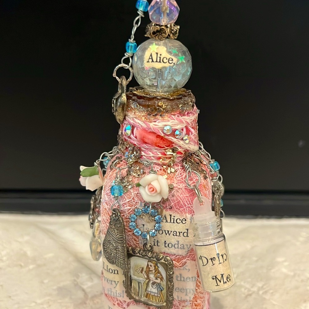 Alice in Wonderland Mixed Media Embellished Bottle With Charms